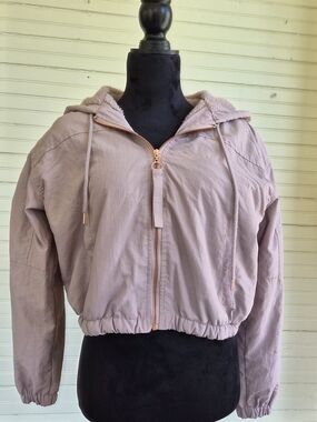 Ashley - Dusty Mauve Cropped Hooded Zip Jacket, Rose Gold Trim, Medium